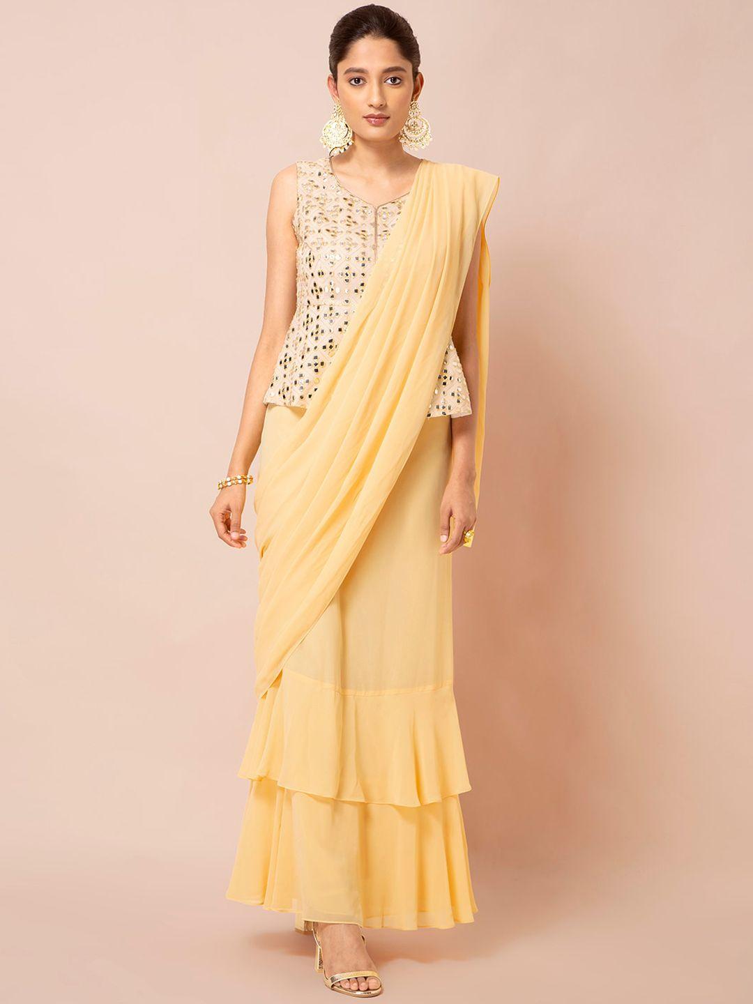 indya yellow solid ruffled pre draped ready to wear saree