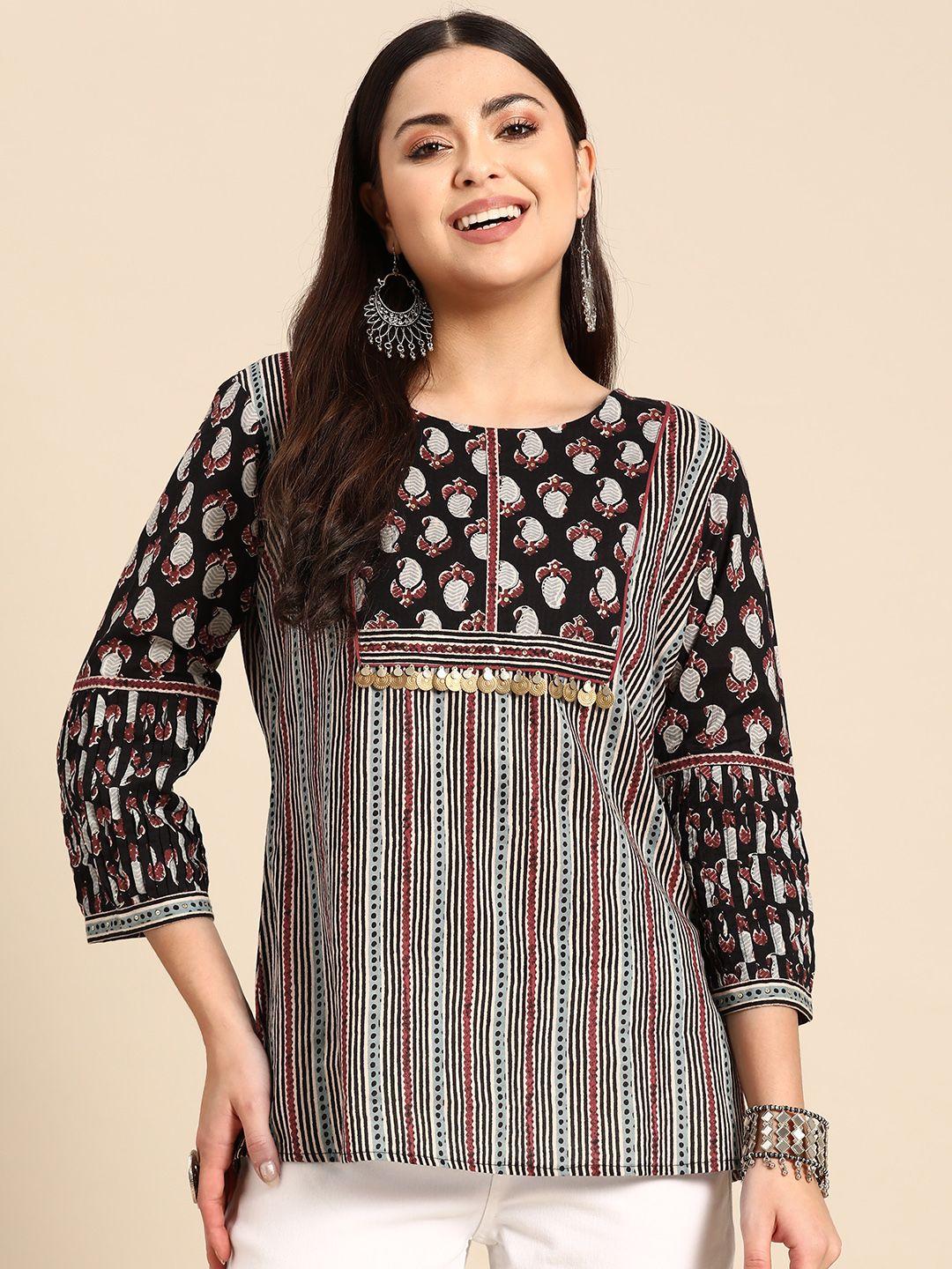 indyes ethnic motifs printed sequinned pure cotton sequinned kurti