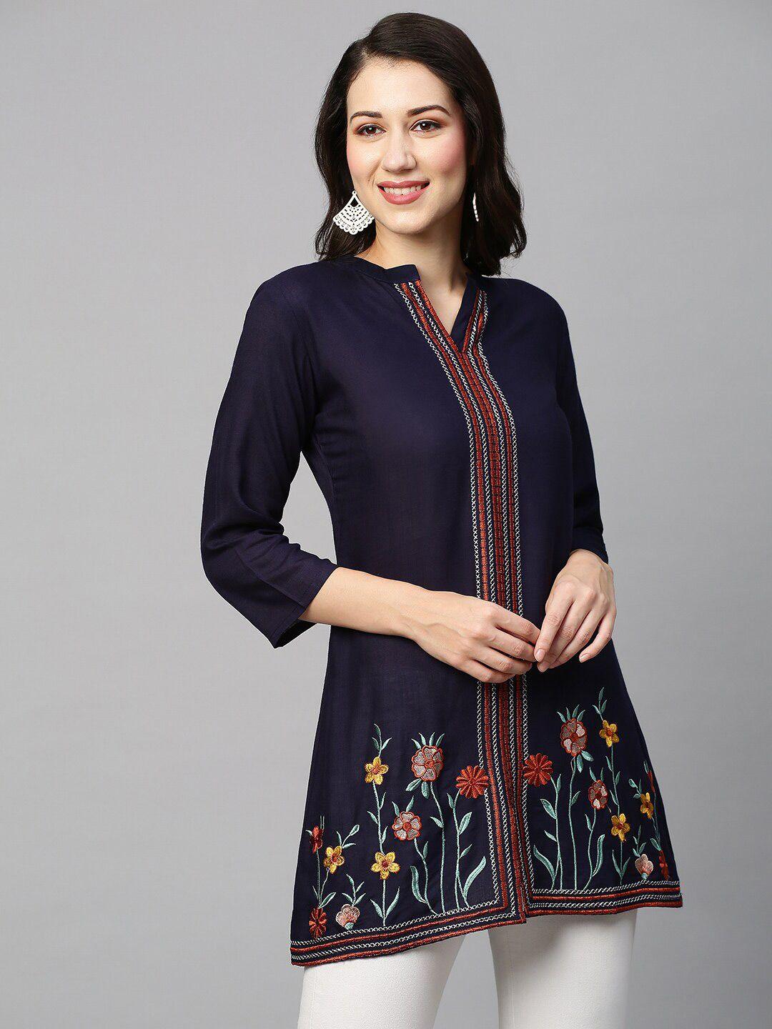 indyes navy floral embroidered kurti