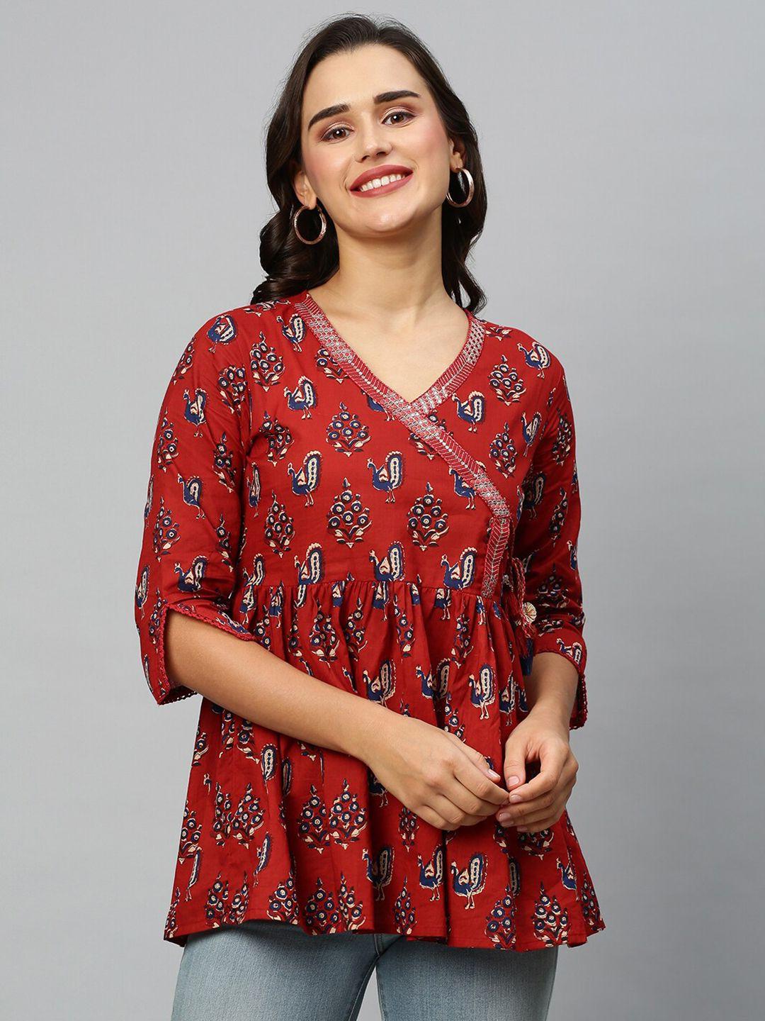 indyes red & blue ethnic motifs printed v-neck sequinned pure cotton sequinned angrakha kurti