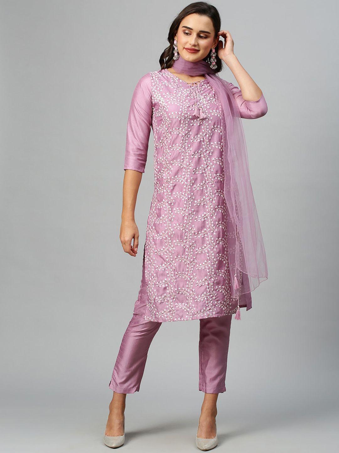 indyes women lavender floral embroidered thread work kurta with trousers & with dupatta