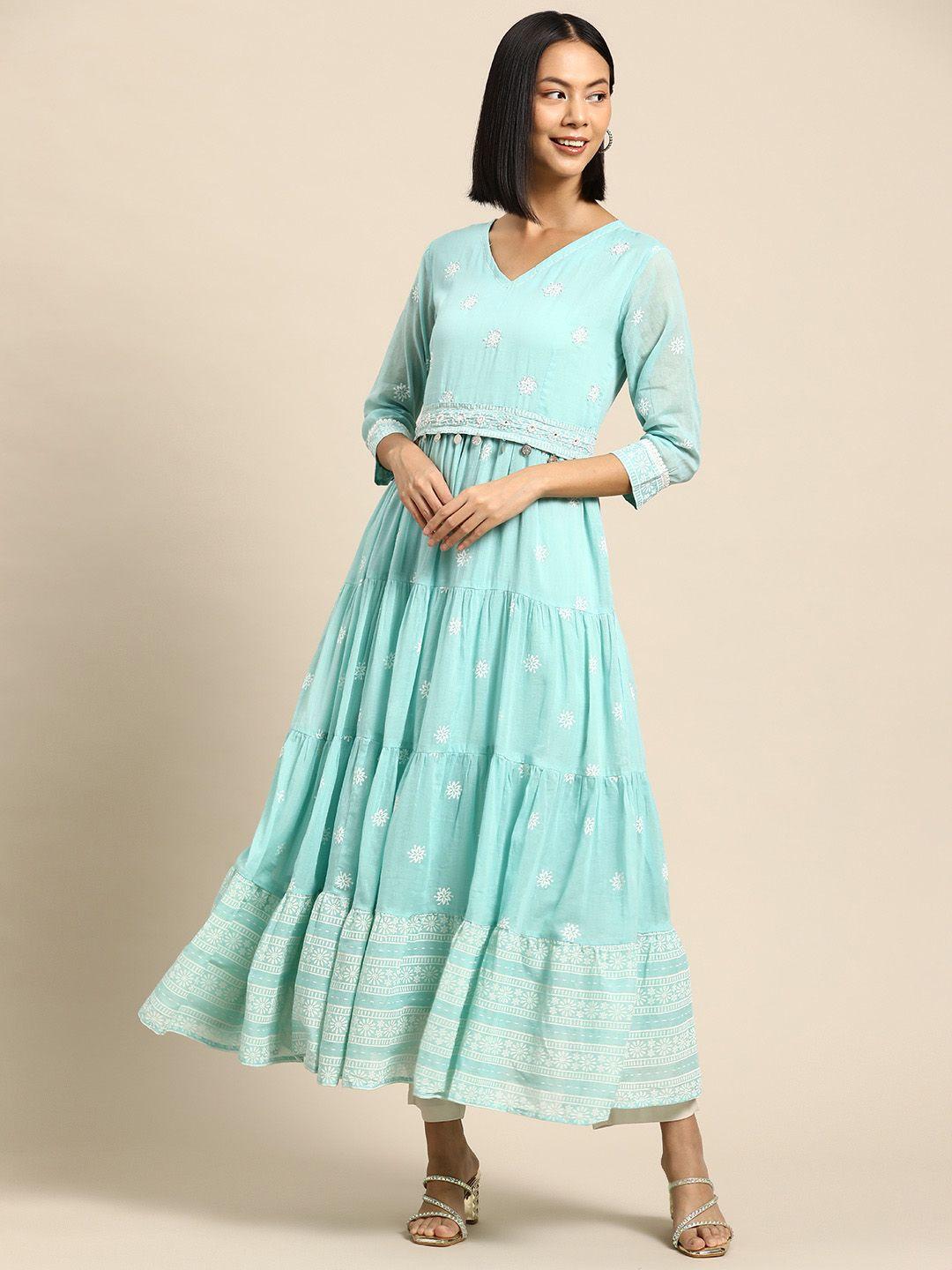 indyes women turquoise blue & white embellished tiering anarkali kurta