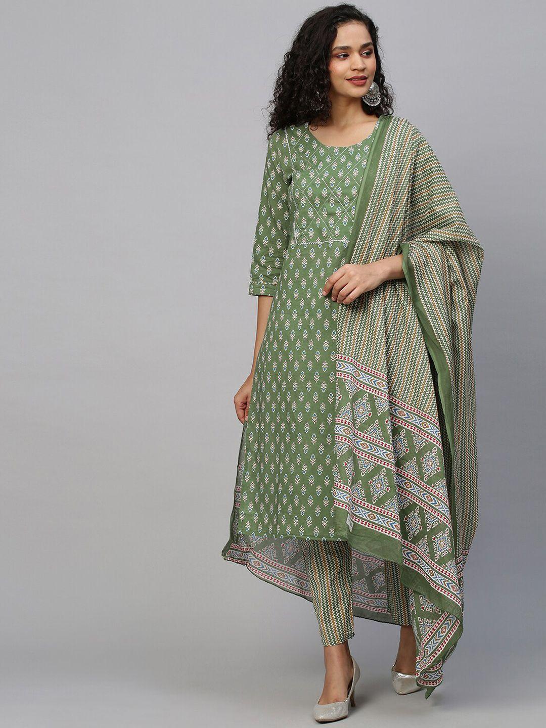 indyes ethnic motifs printed pure cotton kurta with trousers & dupatta
