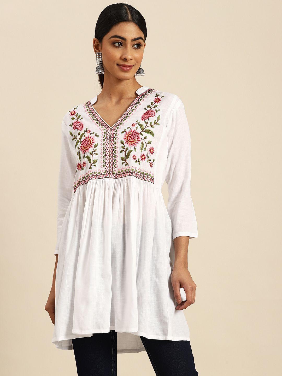 indyes floral embroidered v-neck thread work thread work pleated kurti