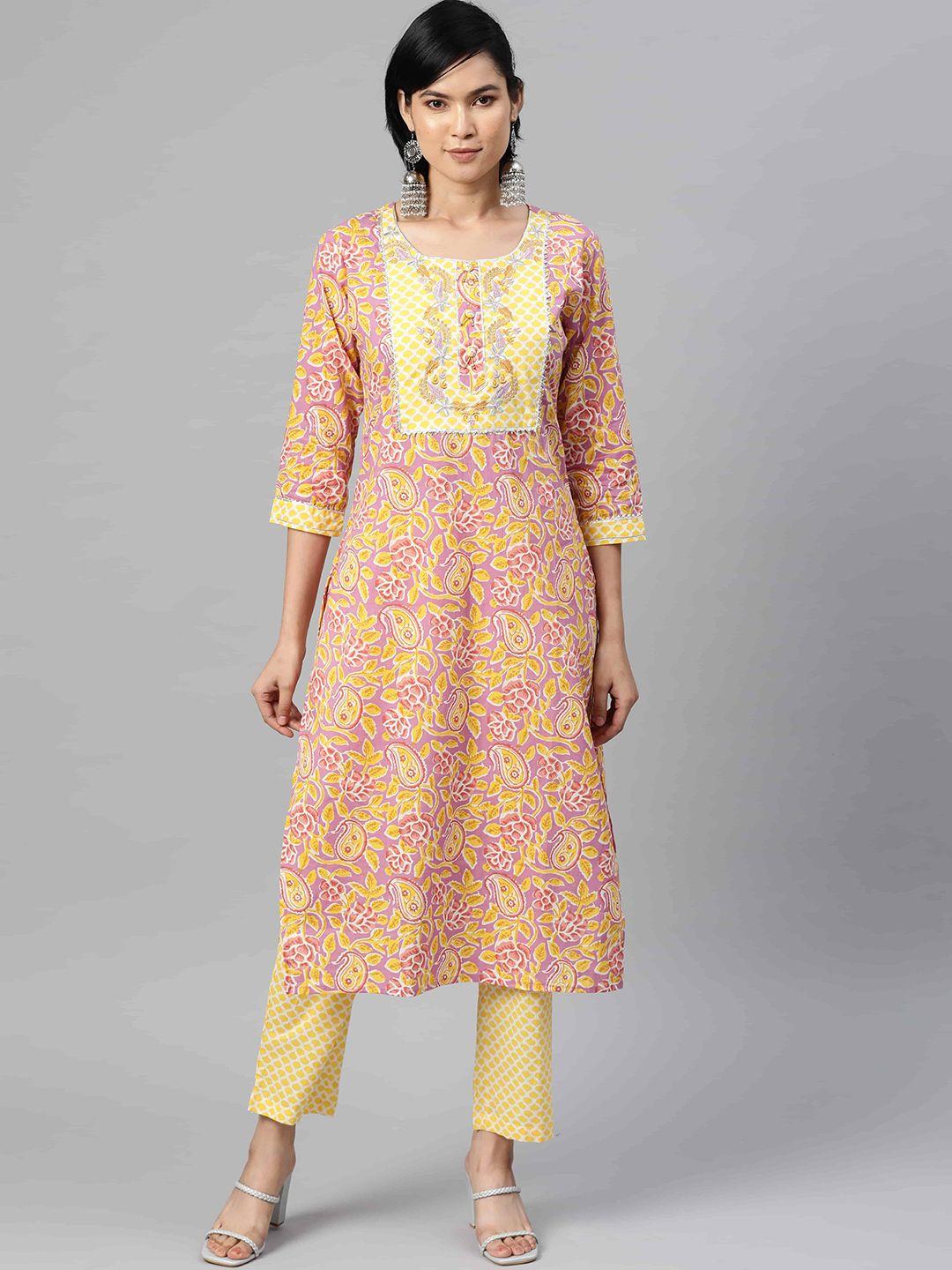 indyes floral yoke design gotta patti pure cotton kurta with trousers