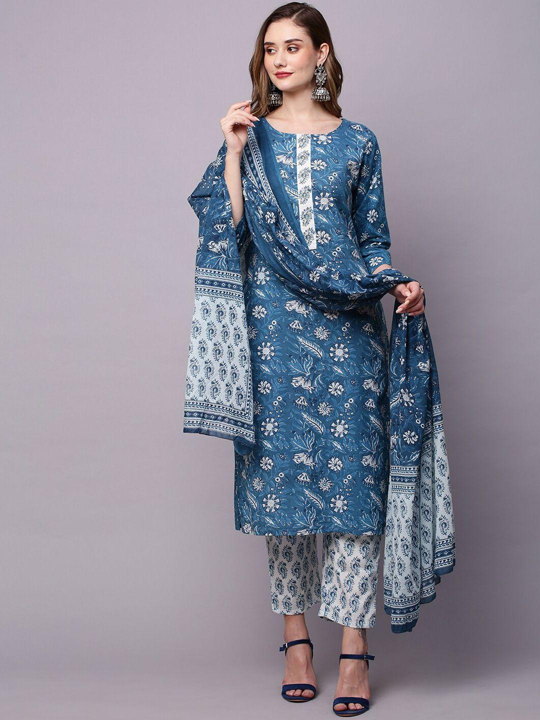 indyes floral yoke design pure cotton kurta with trousers & dupatta