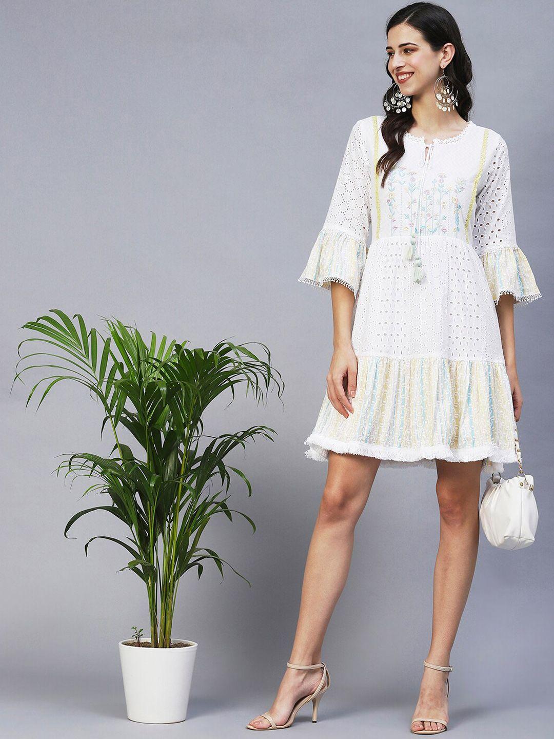 indyes white floral embroidered tie-up neck mini dress