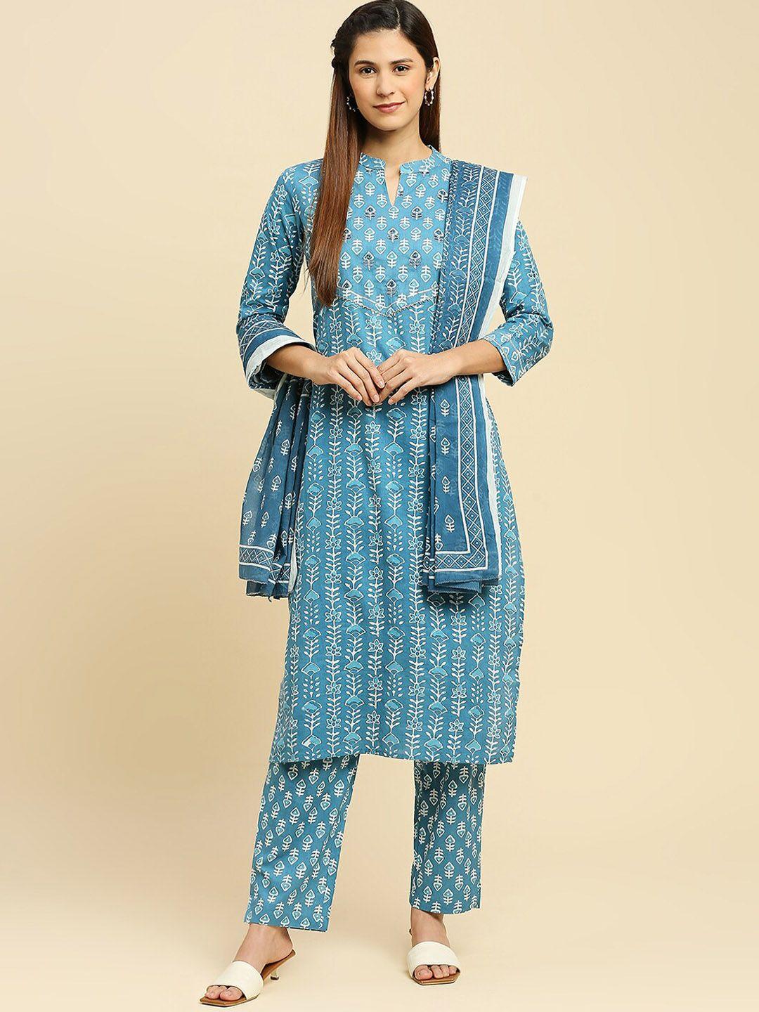 indyes women blue ethnic motifs printed regular thread work pure cotton kurta with trousers & with dupatta