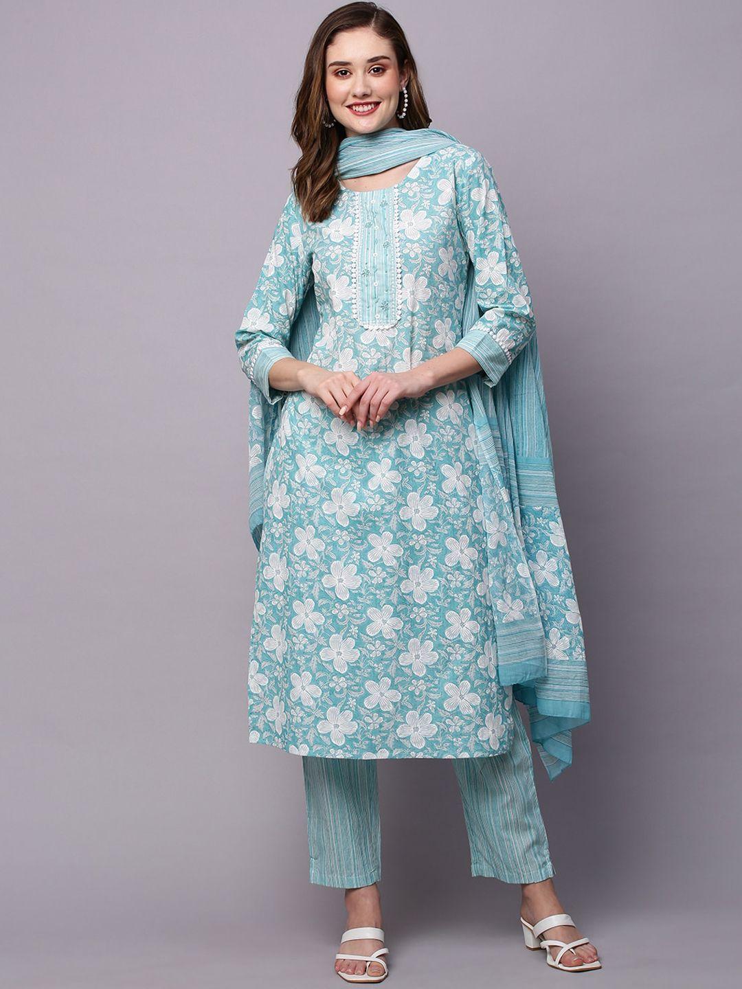 indyes women blue floral printed regular sequinned pure cotton kurta with trousers & with dupatta