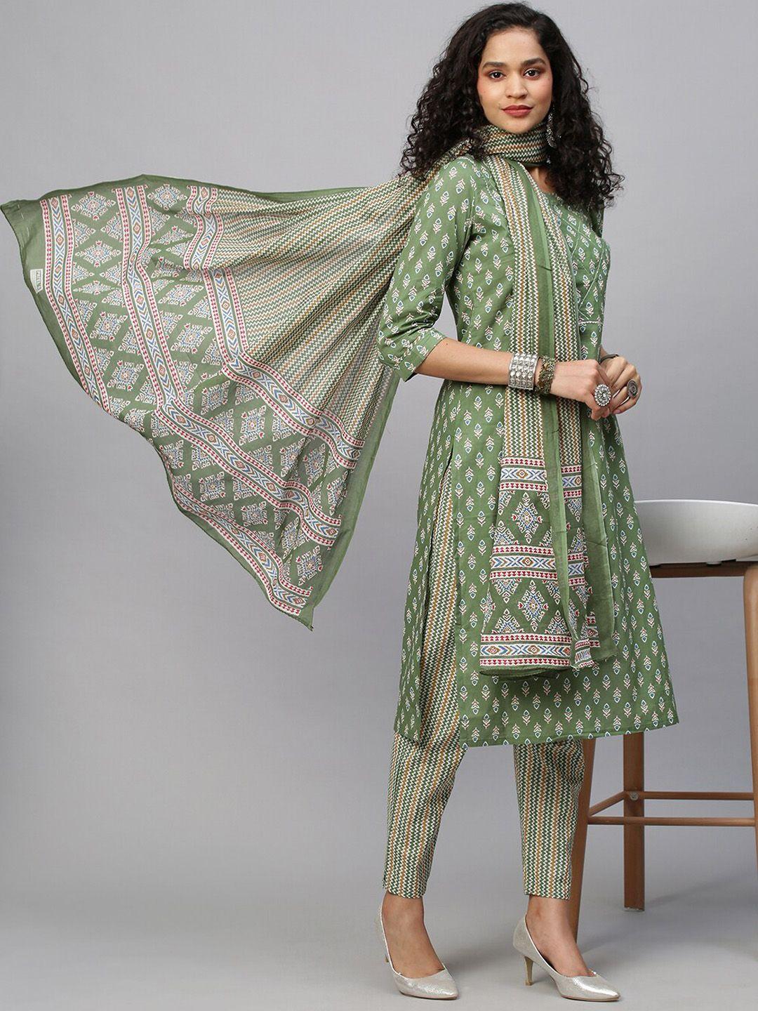 indyes women green ethnic motifs printed gotta patti pure cotton kurta &trouser & dupatta