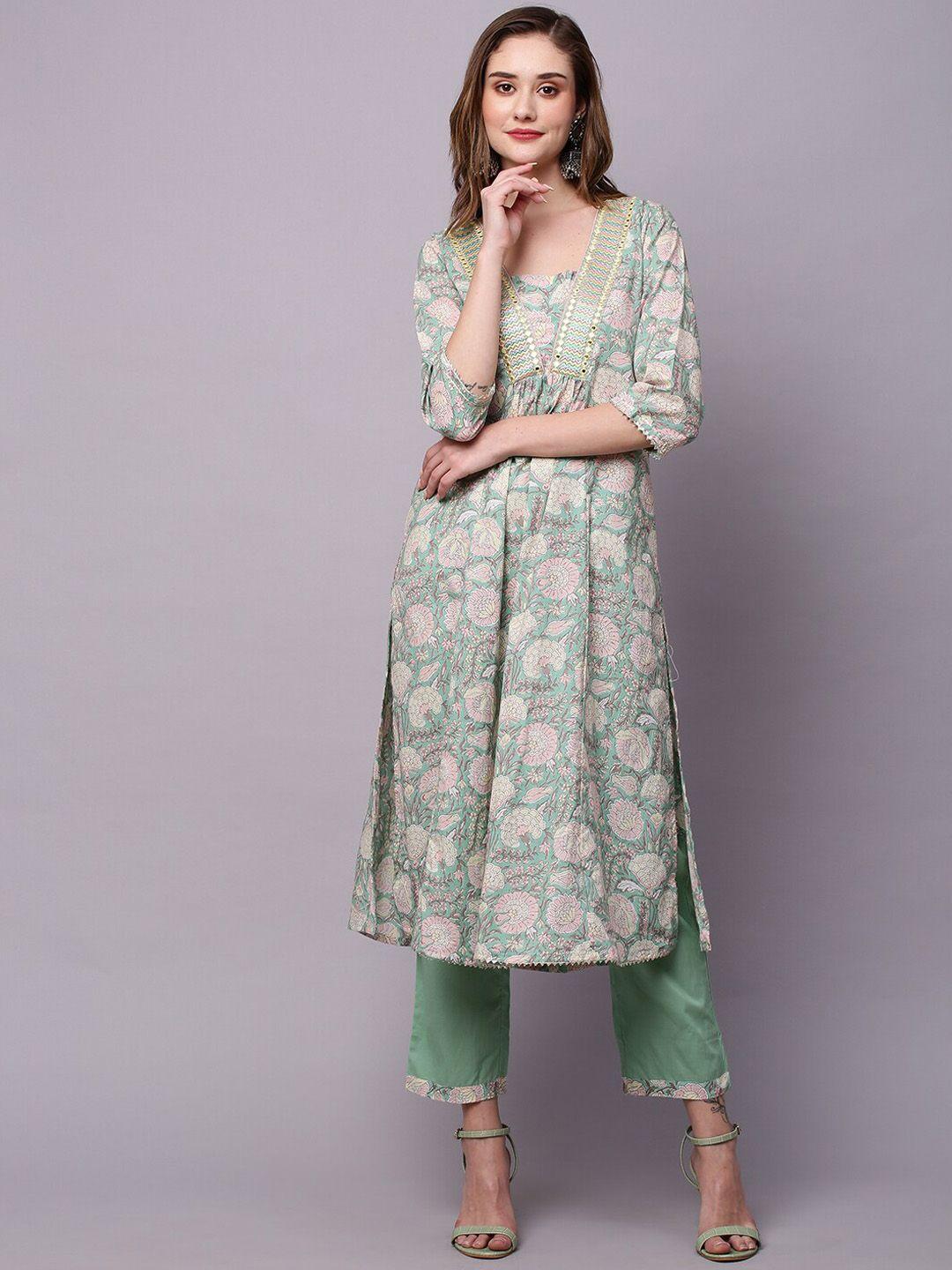 indyes women green floral printed empire mirror work pure cotton kurta with trousers