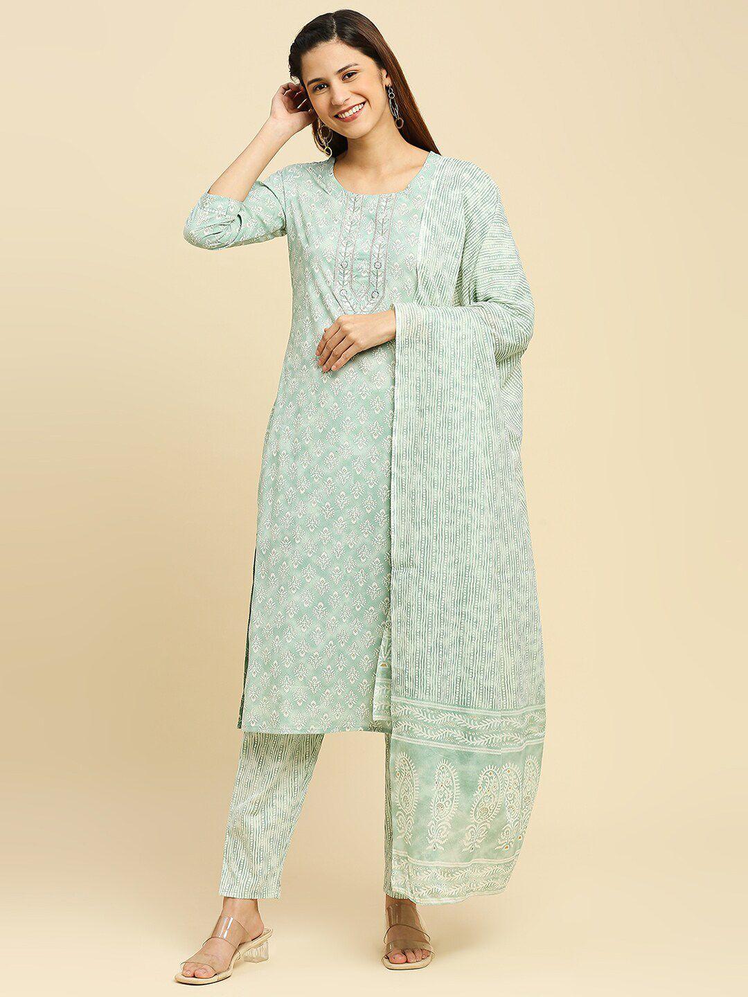 indyes women green floral printed regular thread work pure cotton kurta with trousers & with dupatta