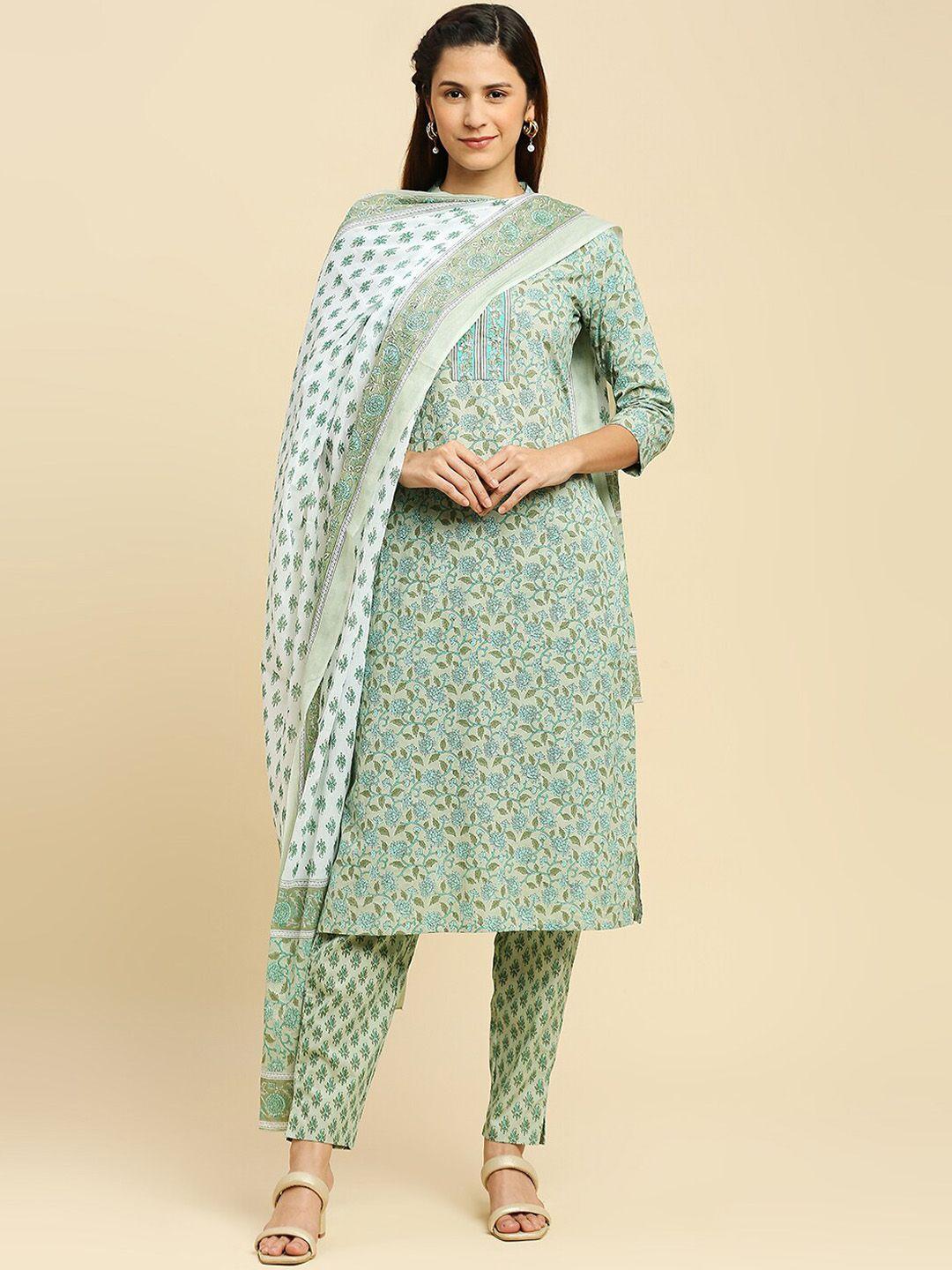 indyes women green floral printed regular thread work pure cotton kurta with trousers & with dupatta