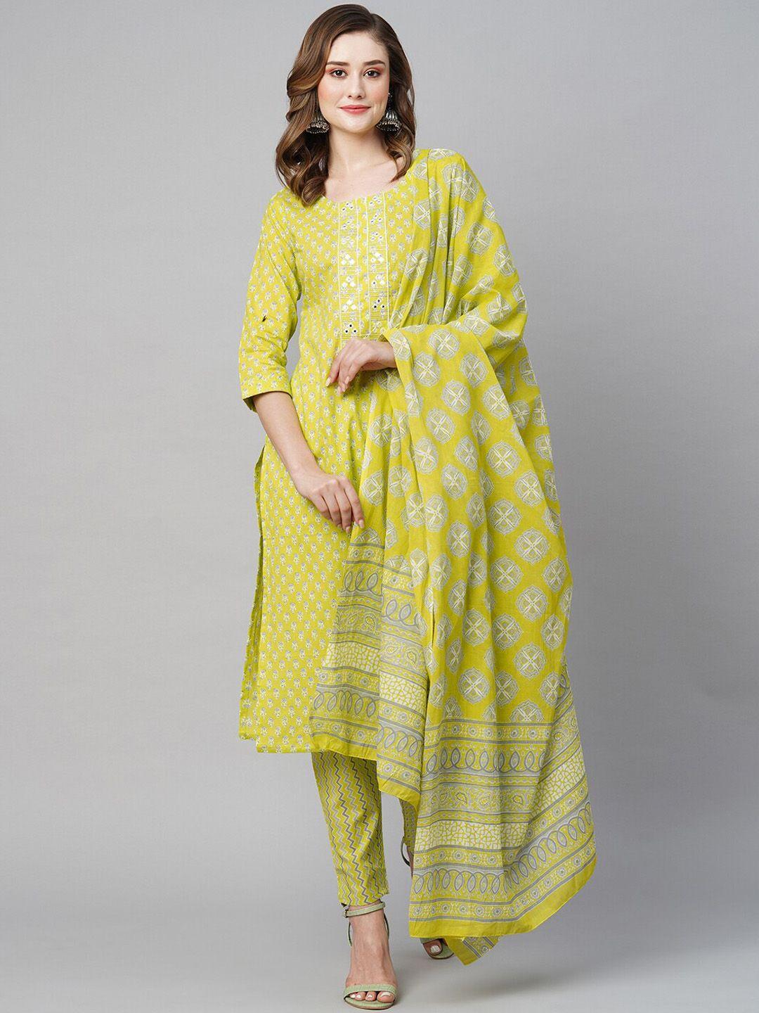 indyes women lime green printed regular mirror work pure cotton kurta with trousers & with dupatta