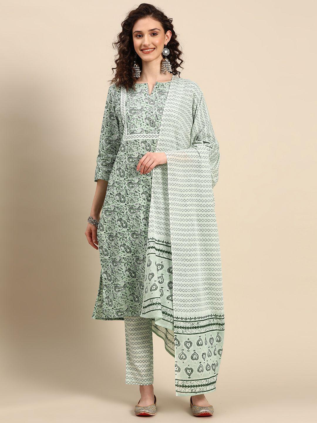 indyes women paisley printed aari work pure cotton kurta with trousers & with dupatta