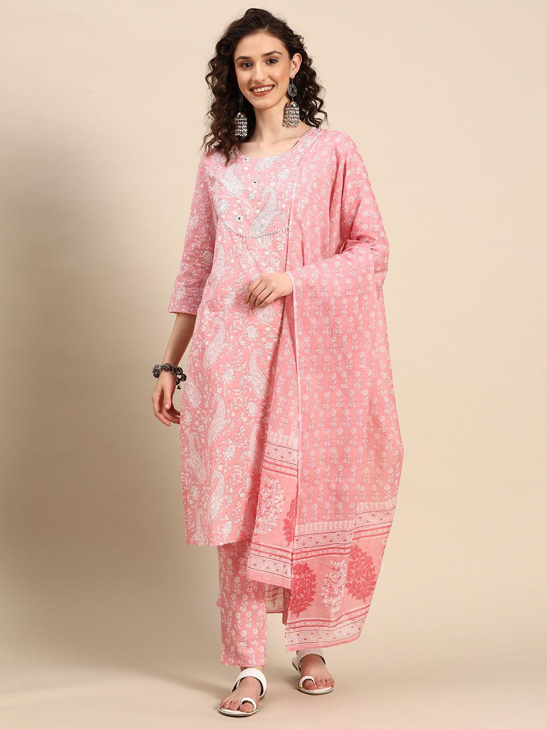 indyes women paisley printed gotta patti pure cotton kurta with trousers & with dupatta