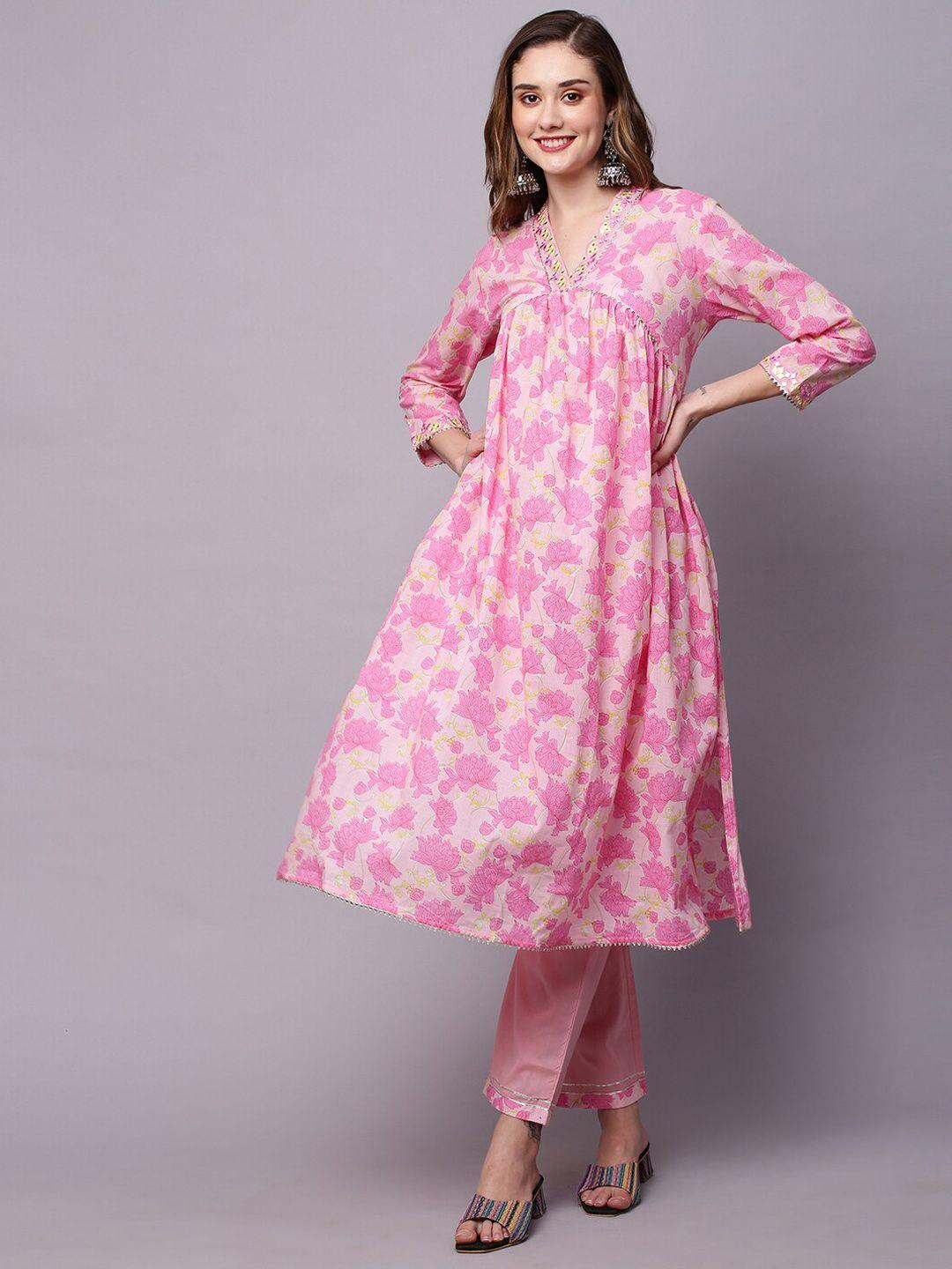 indyes women pink floral printed high slit gotta patti pure cotton kurta with trousers