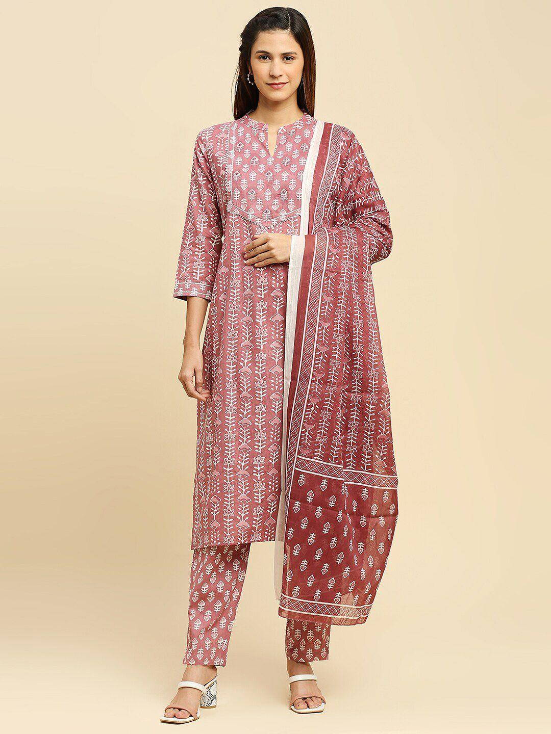 indyes women rust ethnic motifs printed regular thread work pure cotton kurta with trousers & with dupatta