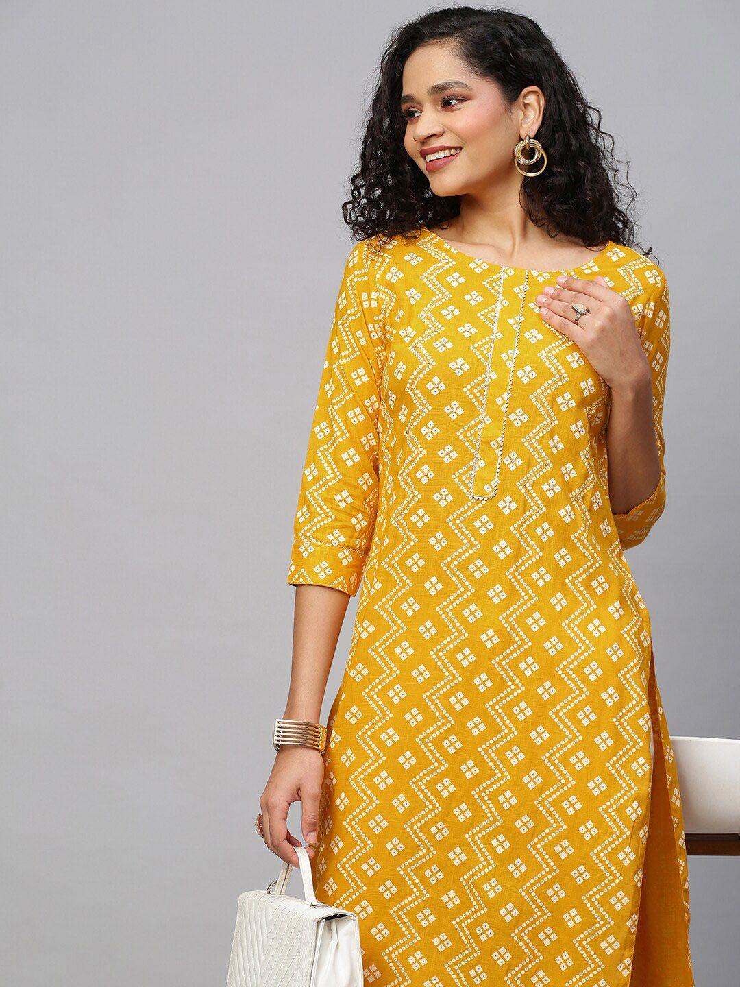 indyes women yellow and white traditional bandhani print straight kurta