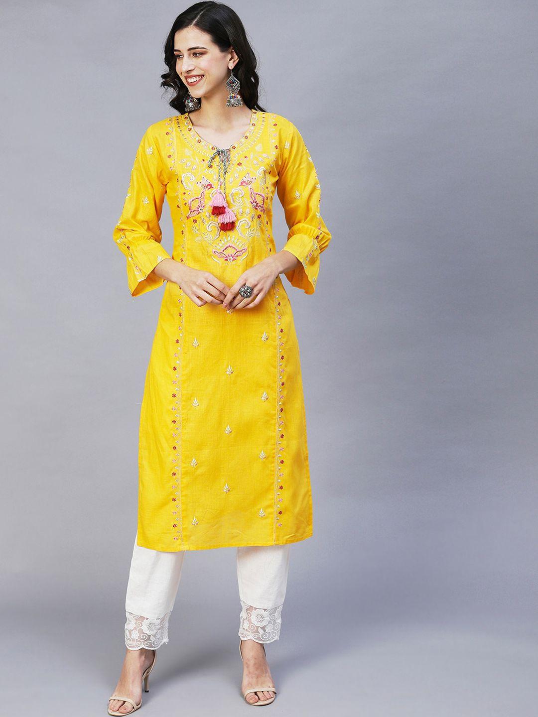 indyes women yellow ethnic motifs bell sleeves thread work quirky kurta