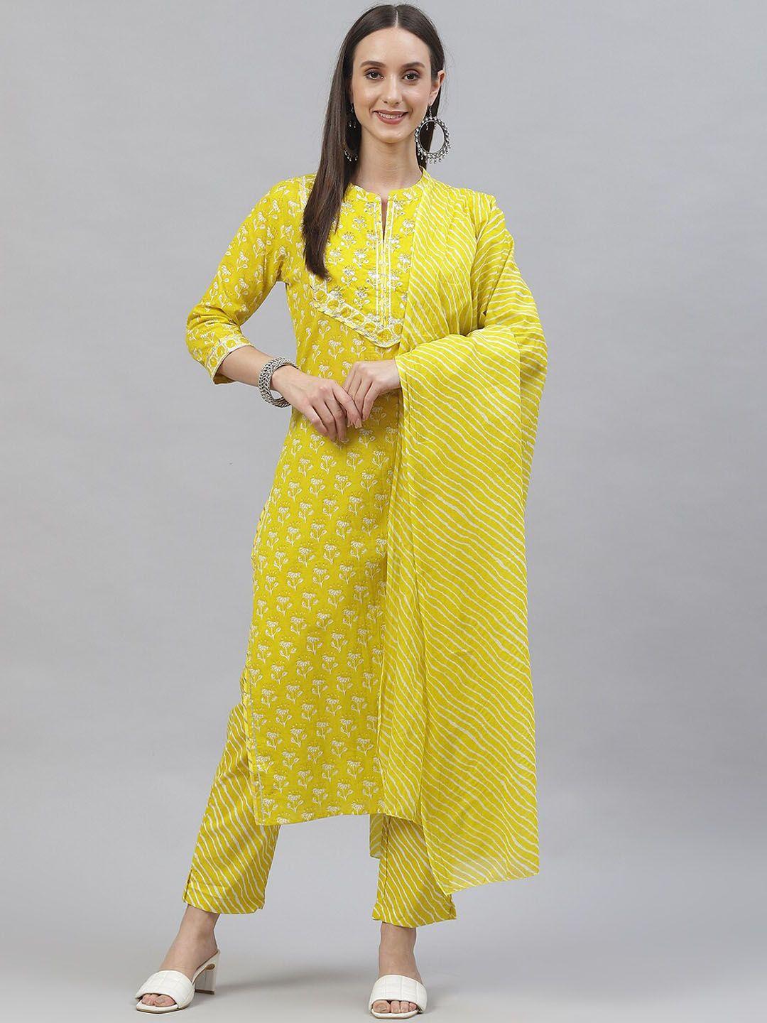 indyes yoke design gotta patti pure cotton kurta with trousers & dupatta
