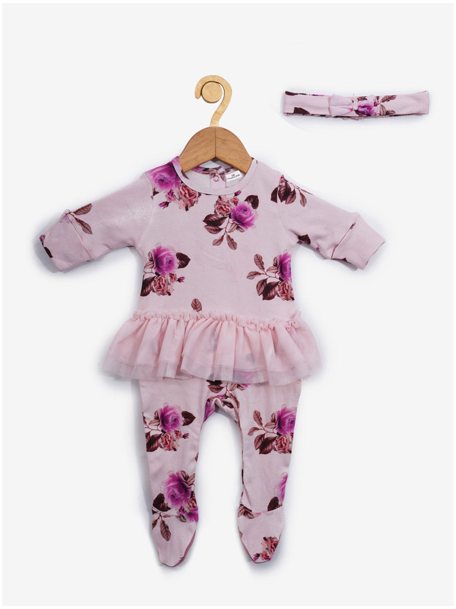 infant organic cotton petra pink floral winter bodysuits with head band