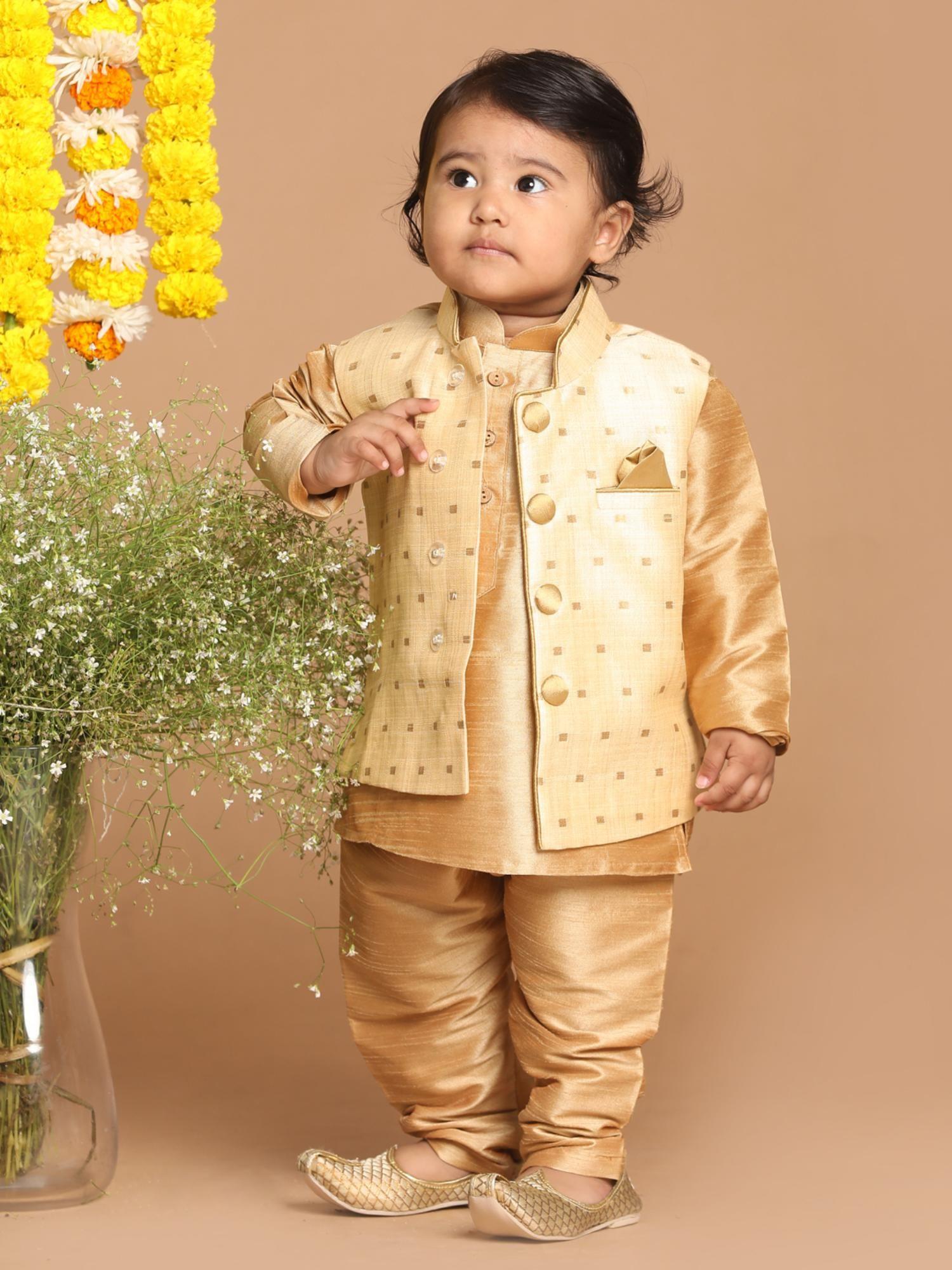 infant boys gold silk blend nehru jacket