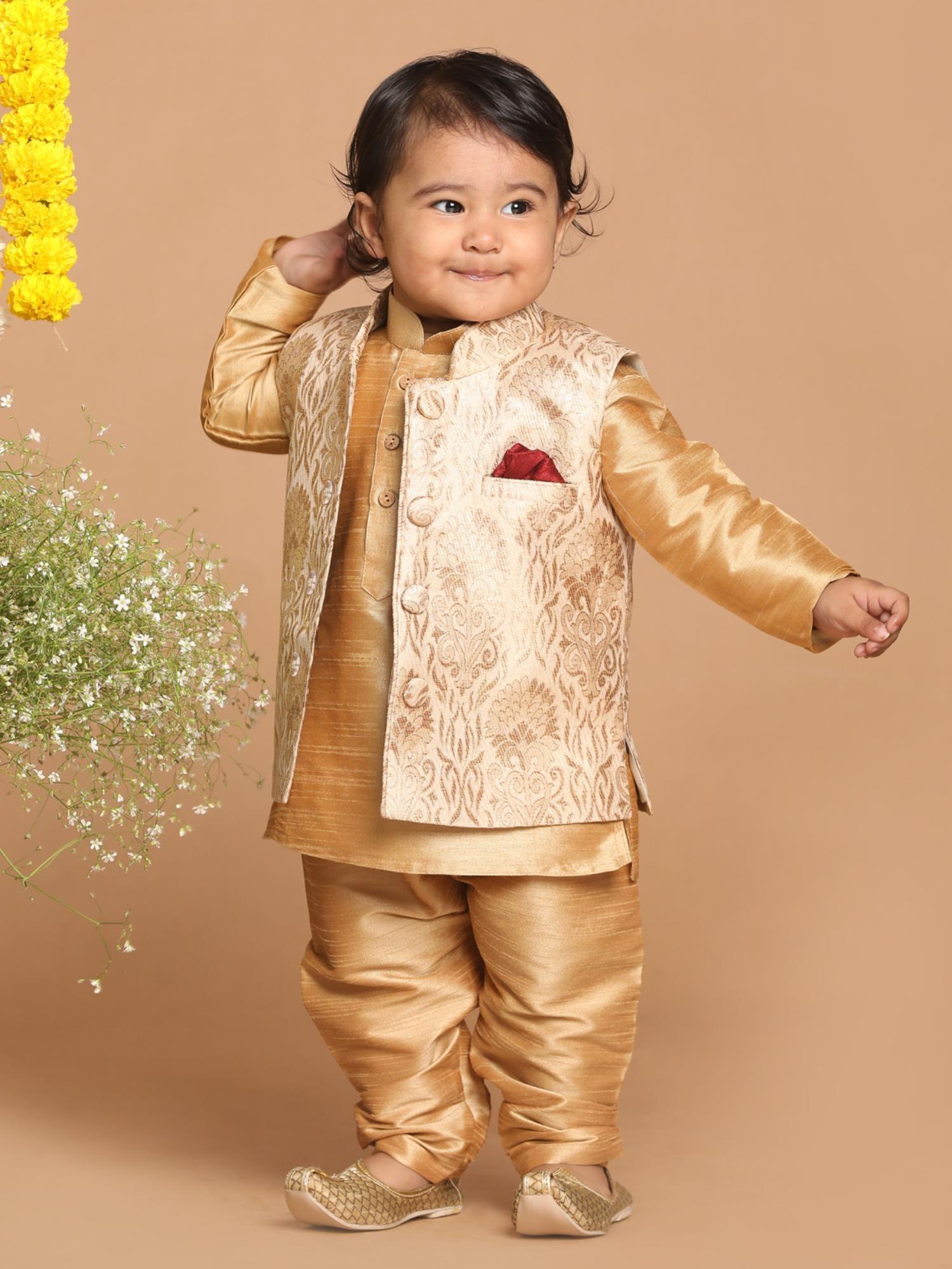 infant boys gold silk blend nehru jacket