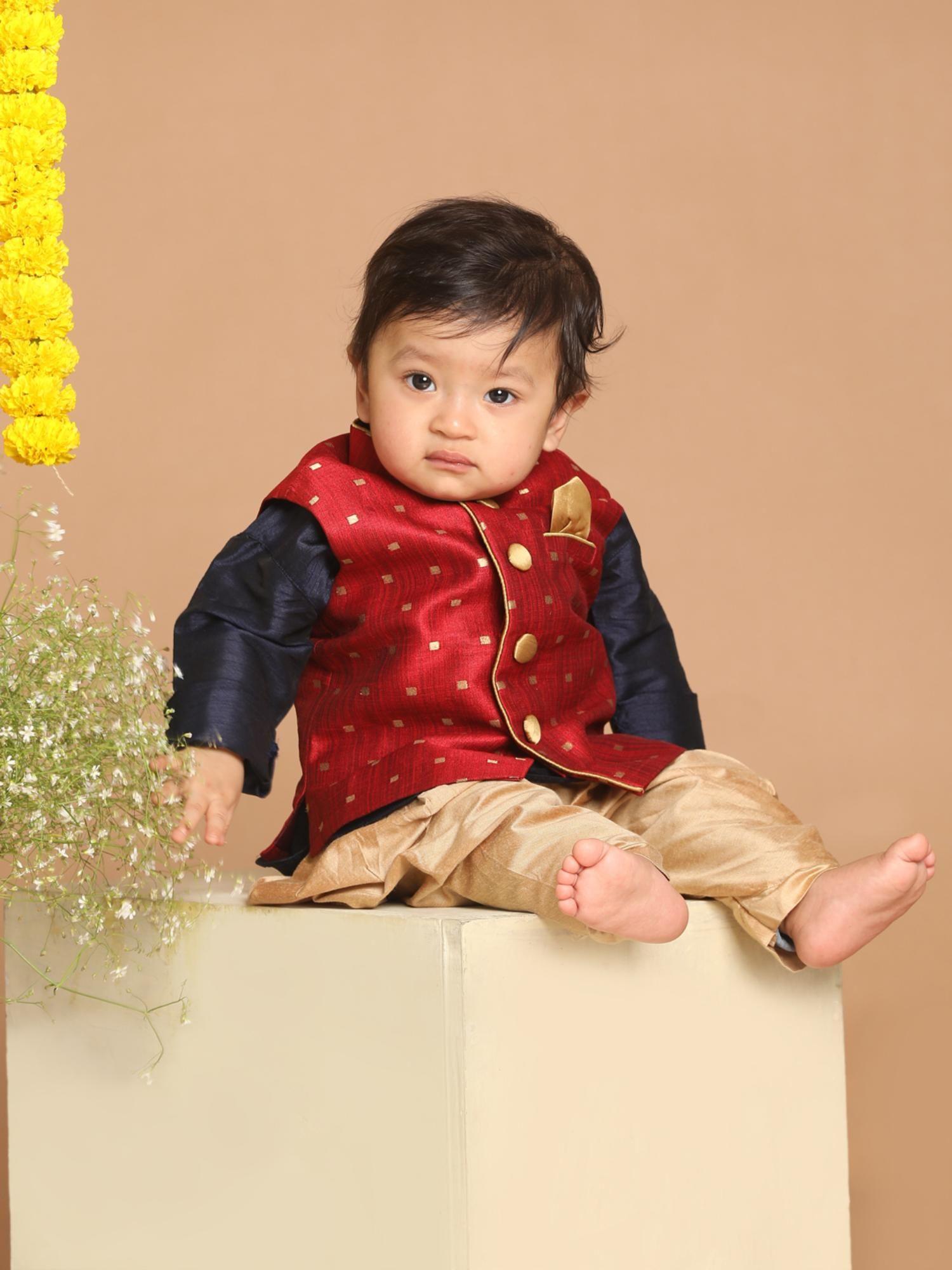 infant boys maroon silk blend nehru jacket