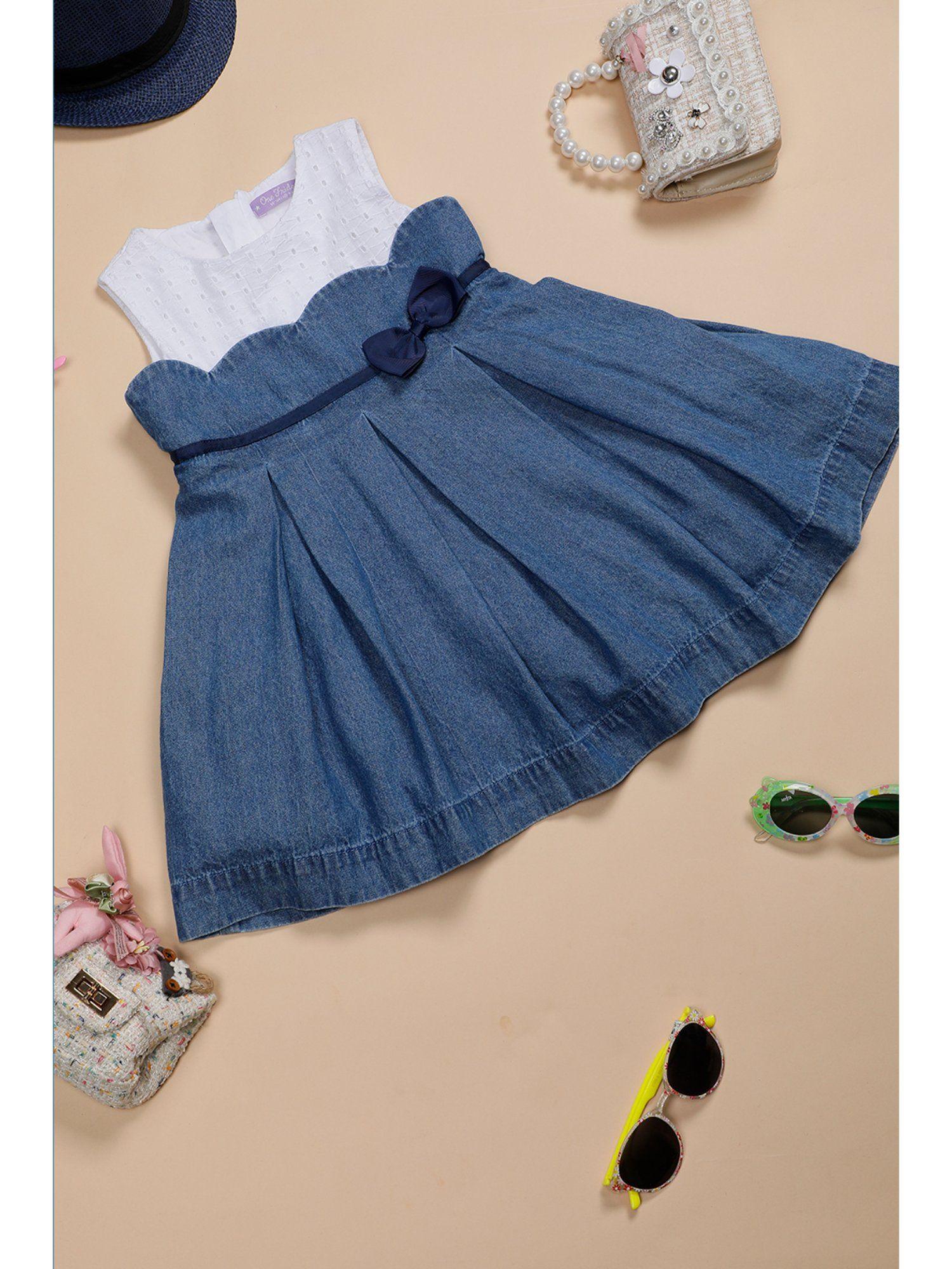infant girls cotton white & blue denim colorblock dress