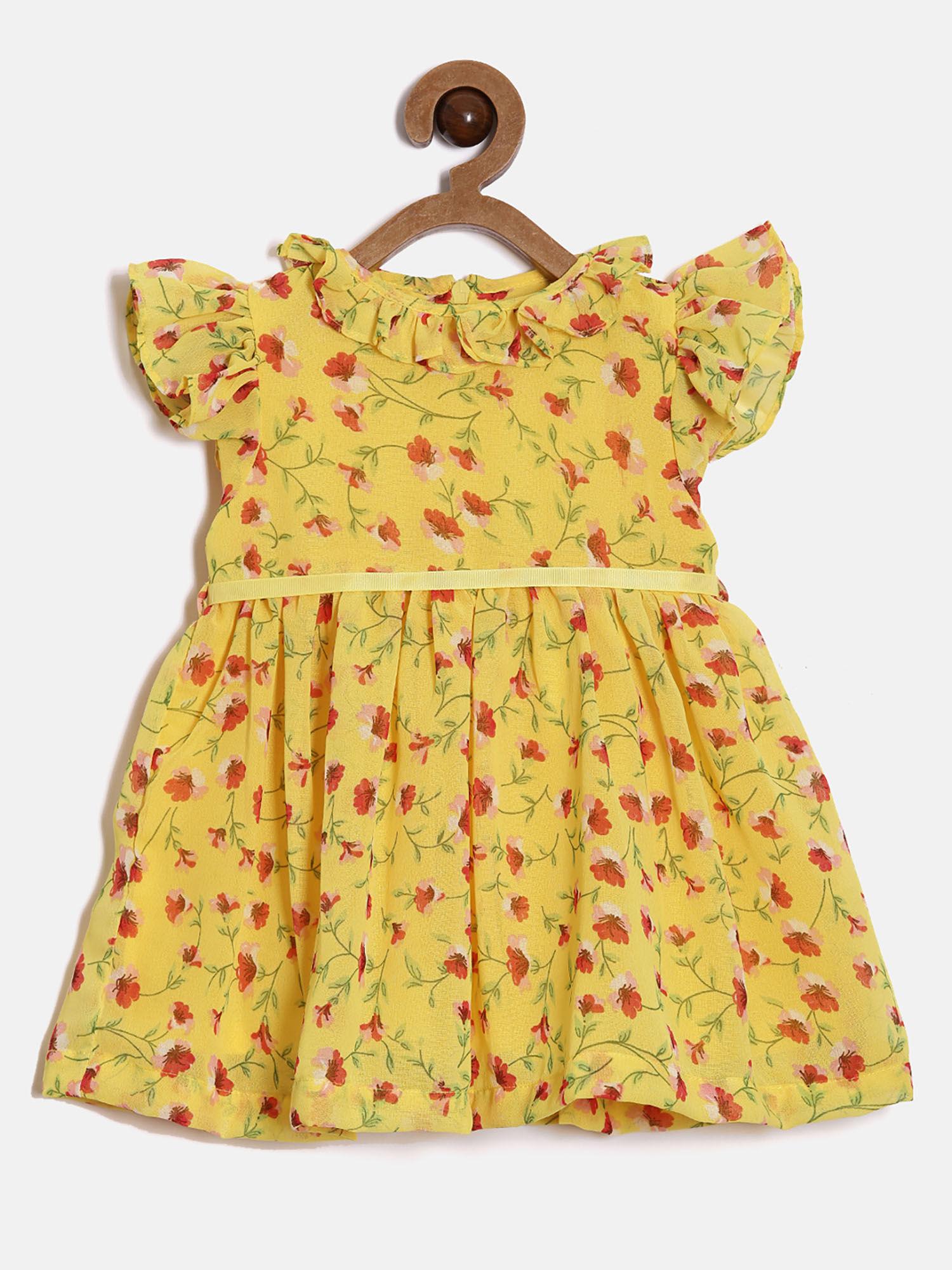 infant girls georgette with ruffles at neck short sleeves dress yellow (set of 2)