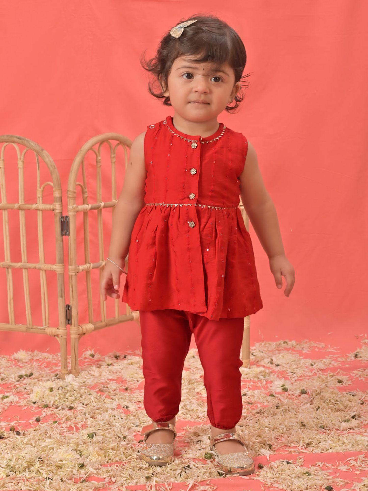 infant girls red chanderi kurta and dhoti (set of 2)