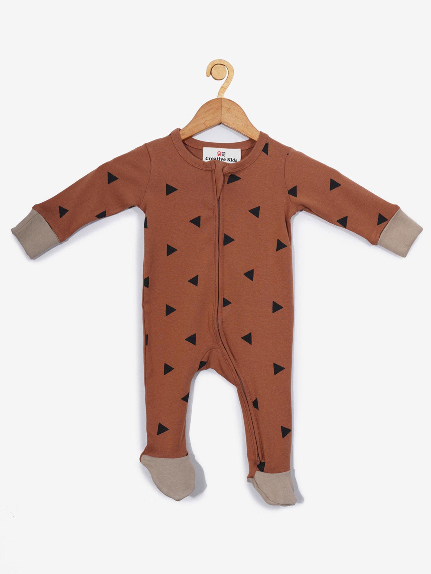 infant organic cotton brown triangle print full body suits