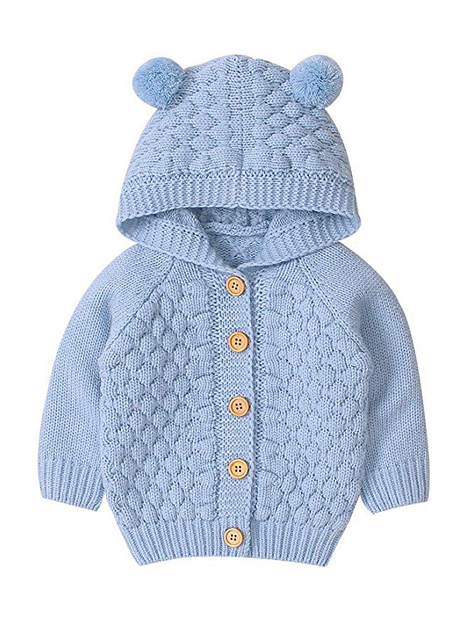 infants baby blue knitted cardigan sweater with pom pom hoodie