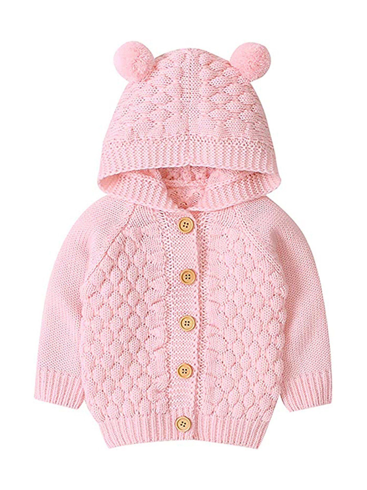 infants baby pink knitted cardigan sweater with pom pom hoodie