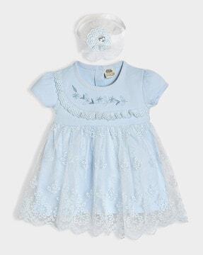 infants embroidered fit & flare dress with headband