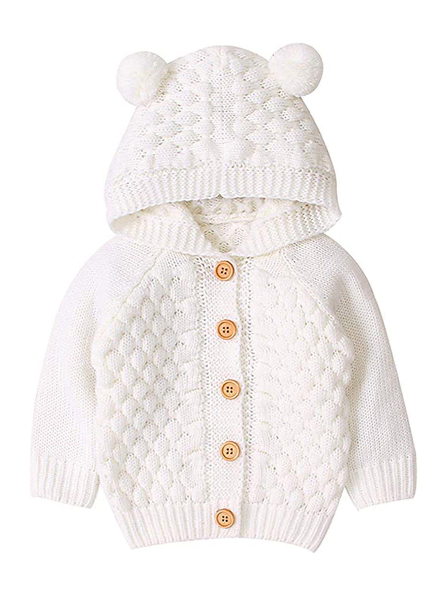 infants ivory white knitted cardigan sweater with pom pom hoodie