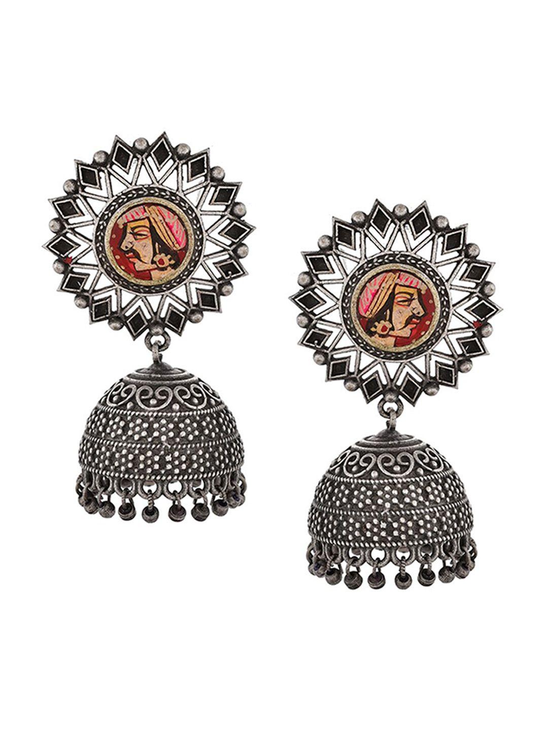 infuzze silver-plated dome shaped meenakari jhumkas