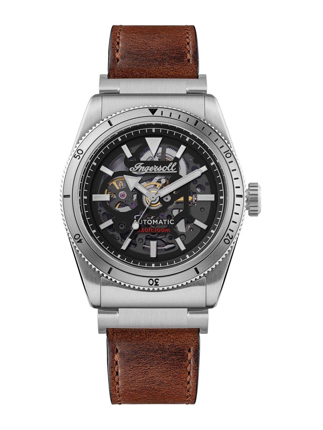 ingersoll men skeleton dial & leather straps analogue automatic watch i13901