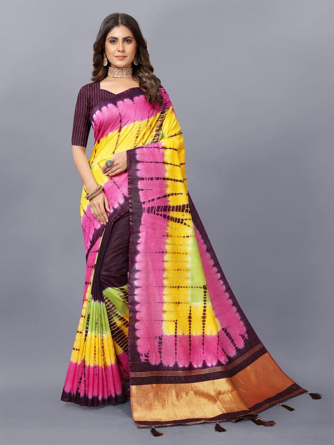inithi colourblocked printed silk cotton bandhani saree