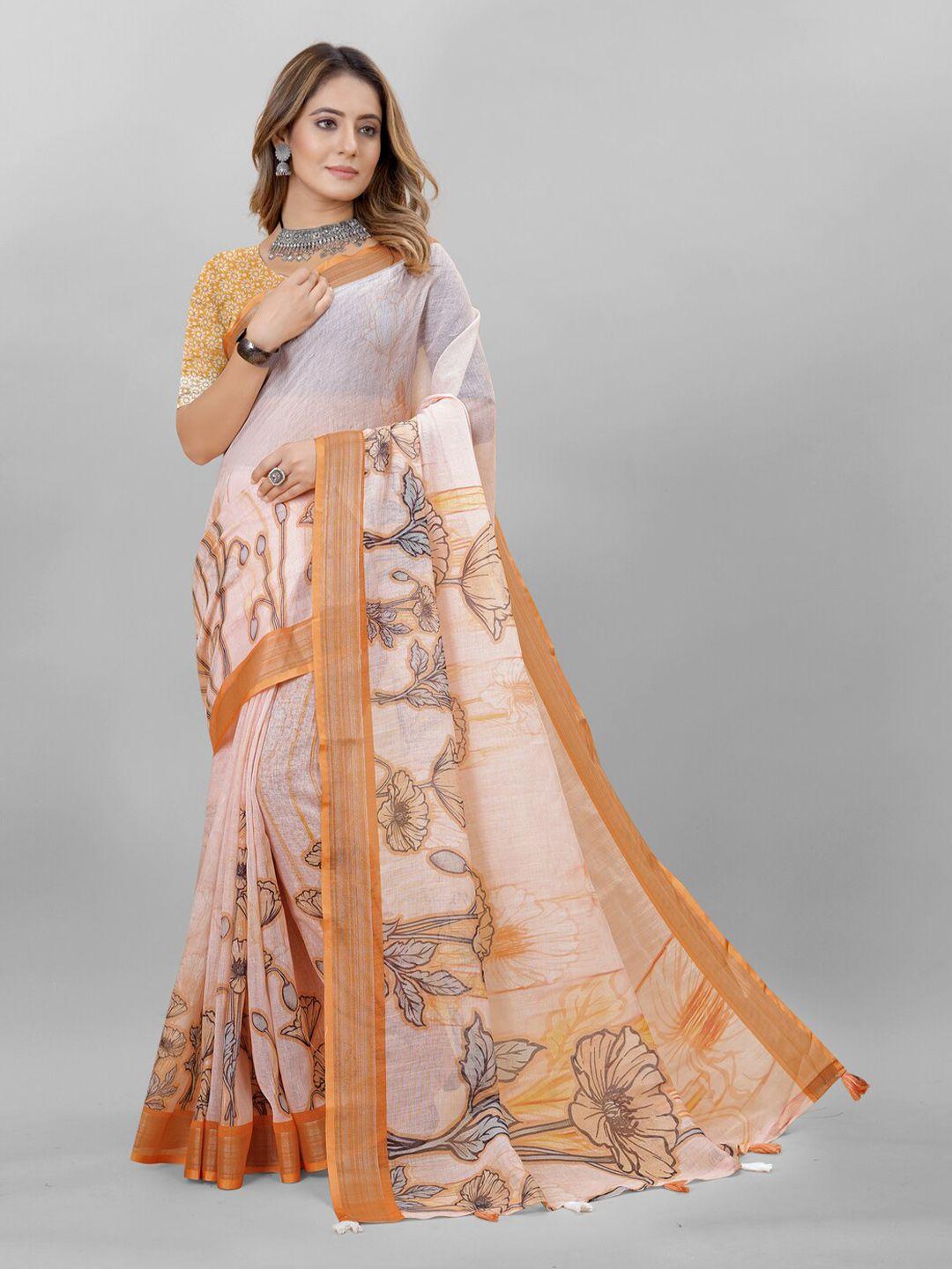 inithi floral printed pure linen zari saree