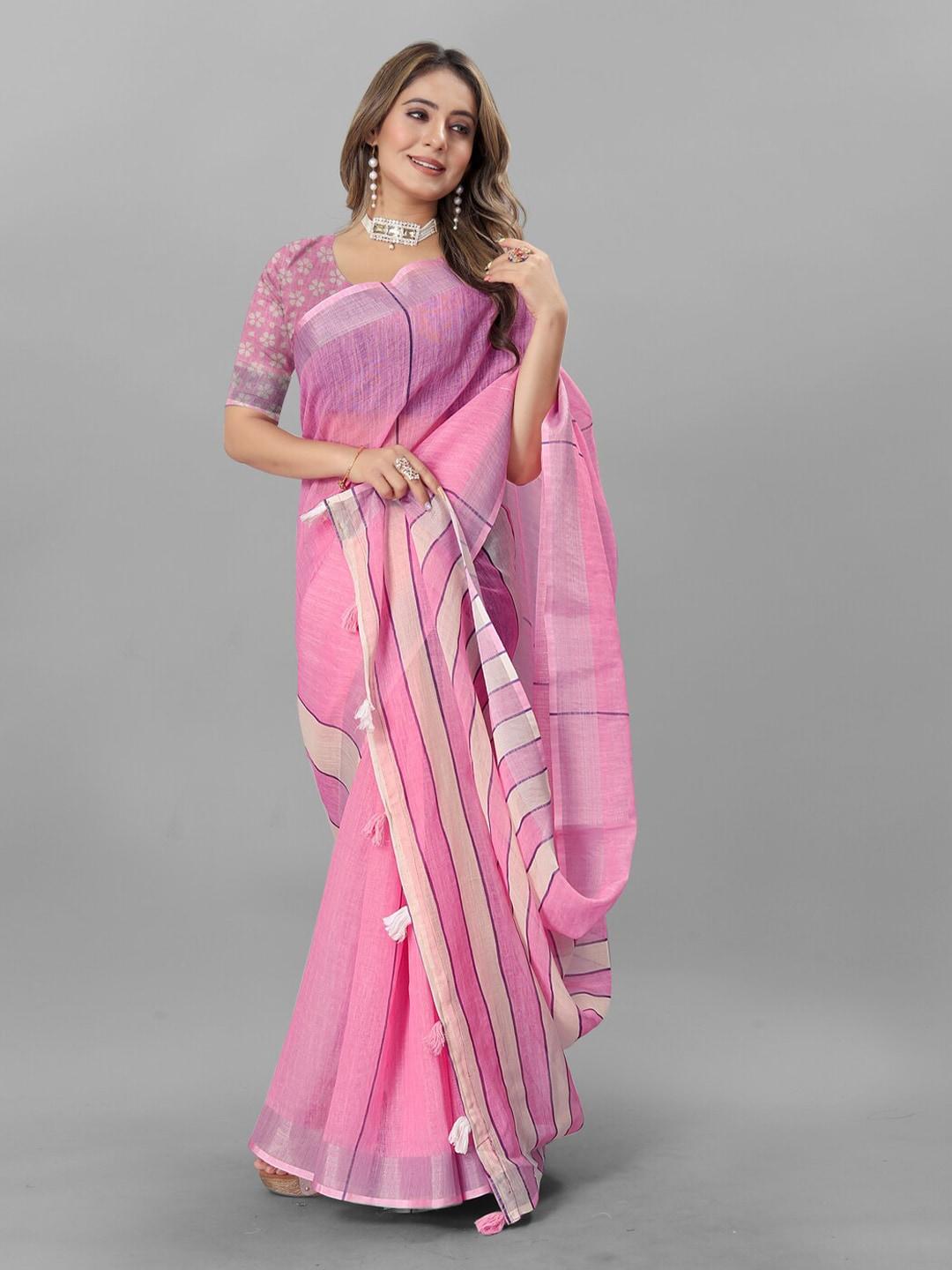 inithi woven design pure linen striped saree