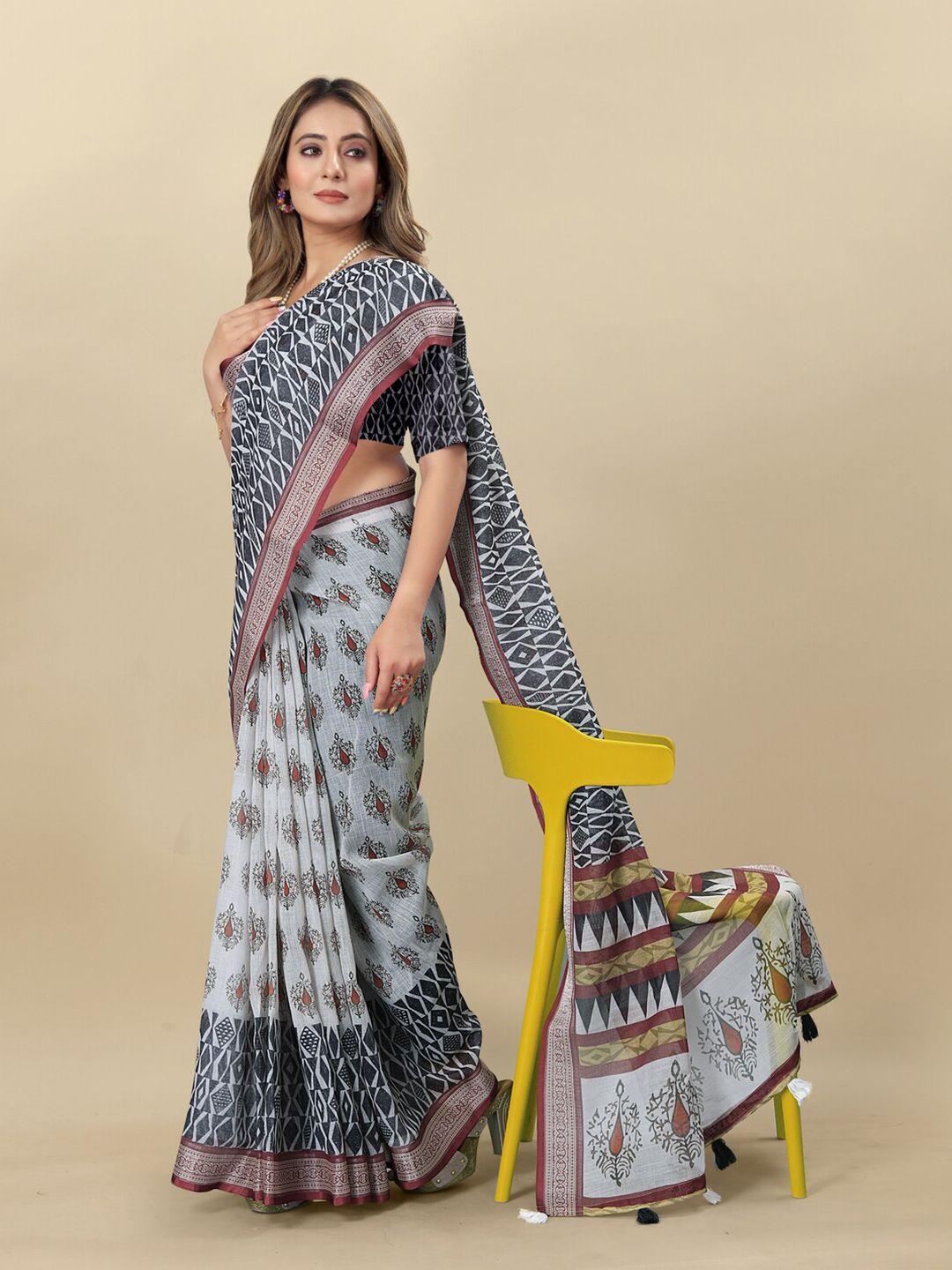 inithi ethnic motifs printed pure linen zari saree