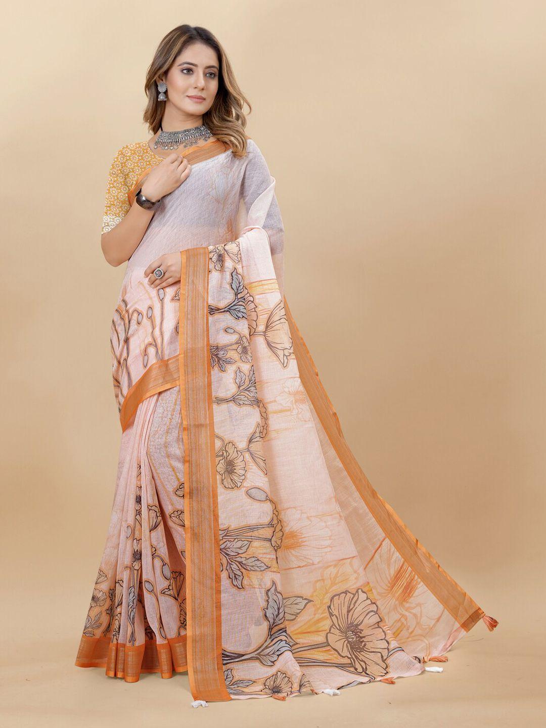 inithi floral printed design pure linen zari saree