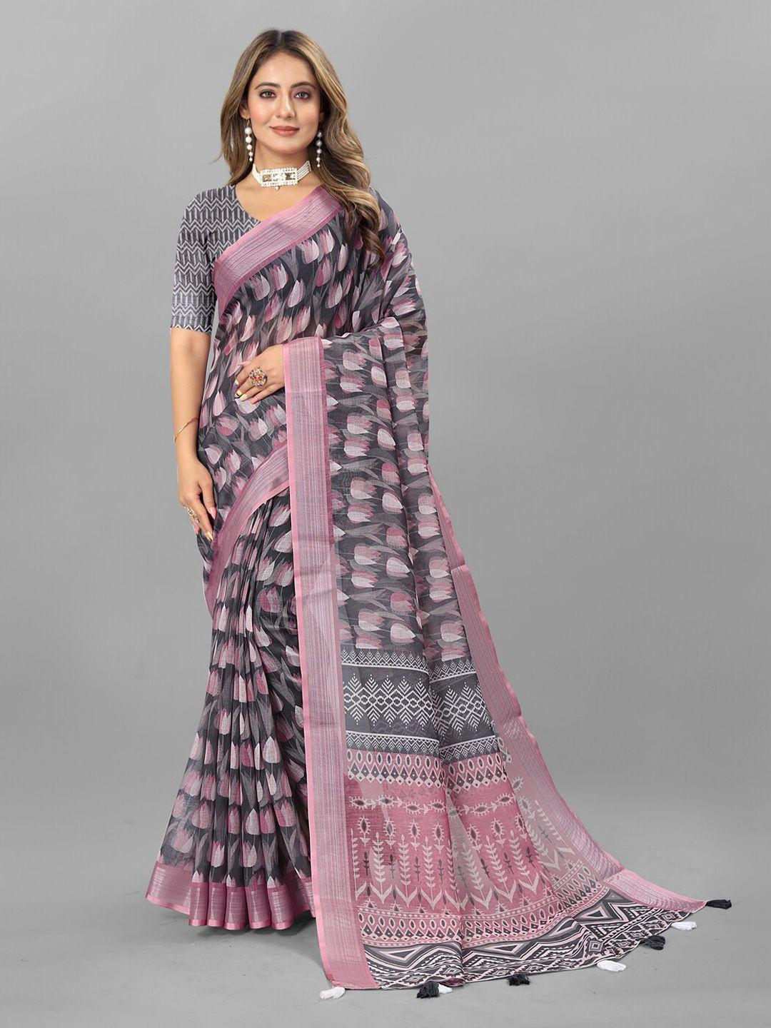 inithi floral printed pure linen zari saree