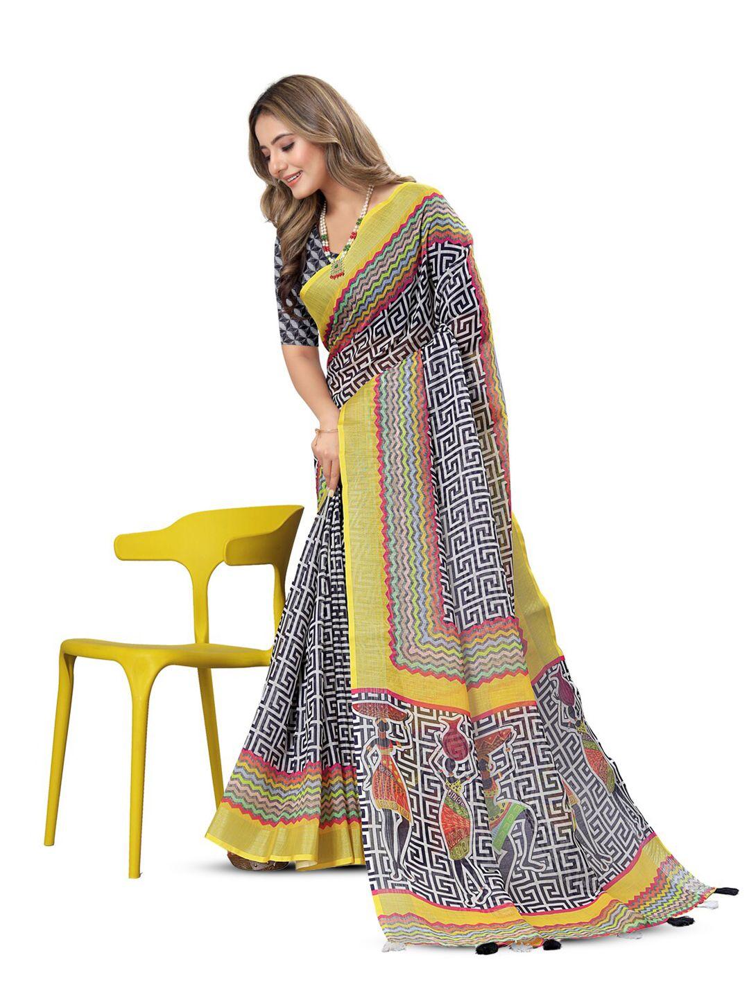 inithi geometric printed pure linen zari saree