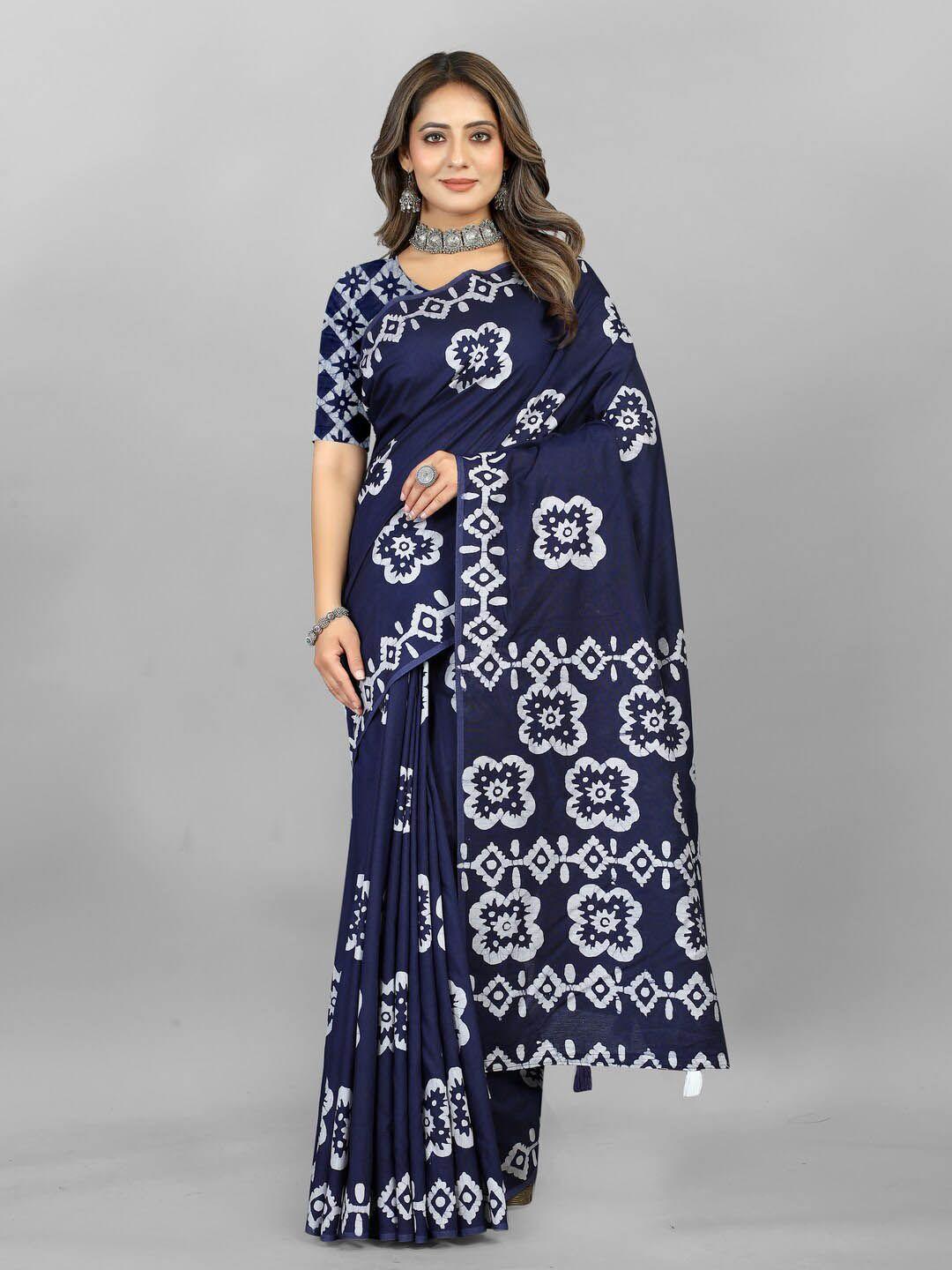 inithi navy blue & white printed floral saree