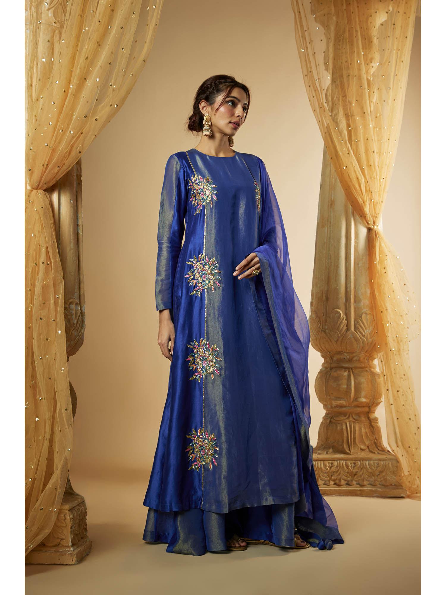 ink blue chanderi zardozi embroidered kurta with palazzo and dupatta (set of 3)