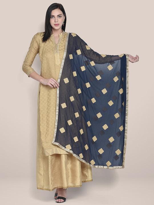 ink blue chiffon dupatta with gold embroidery.