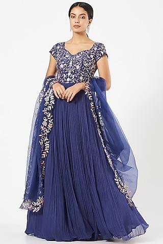 ink blue embroidered anarkali set